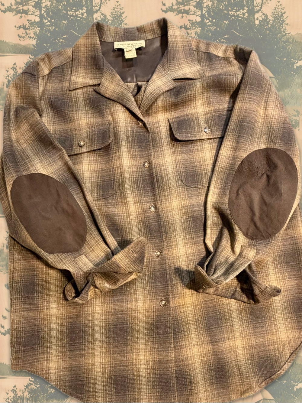 VINTAGE 90s earthy plaid button down shirt wool elbow pads outdoor country brown